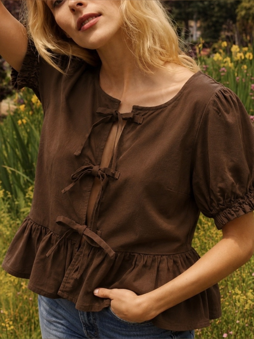 Liberty Love Chocolate Brown Linen Blend Tie Up Puff Sleeve Cottagecore Blouse S